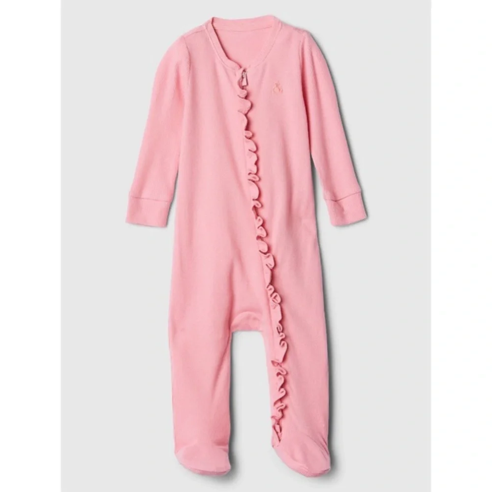 Baby Gap Pink Ribbed Ruffle Two-Way Zip Footed One Piece Size 6-9M